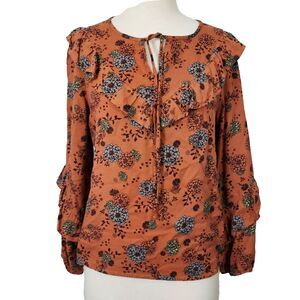 Sonoma Shirt Top Prairie Ruffle Tie Neck Floral Women Sz Medium Long Sleeve
